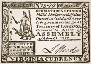 Virginia Currency, lik en sjettedel av en spansk dollar, 1777 av American School
