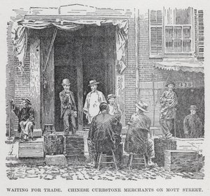 Venter på handel, kinesiske kantsteinshandlere på Mott Street (litho) av American School