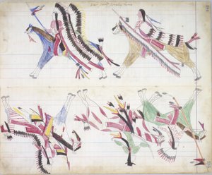 Krigsfest som kommer hjem, illustrasjon fra Black Horse Ledger, 1877-79 (blyant og fargestift på papir) av American School