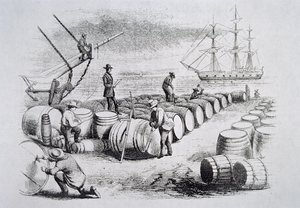Hvalfangere som måler olje i fat, fra The American Whale Fishery, ca. 1850 (gravering) av American School
