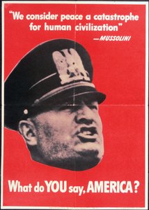 "Hva sier DU AMERICA?", USAs 2. verdenskrigsplakat med ansiktet til Mussolini, Anon, ca. 1942 av American School