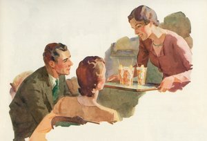 Kvinne serverer iste til vennene sine av American School