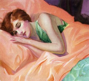 Kvinne som sover på ferskenfargede laken av American School