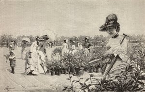 Kvinner som går i Brera, Milano, Italia, gravering fra maleriet Maggio (mai) av Amerino Cagnoni (1853-1923), fra L
