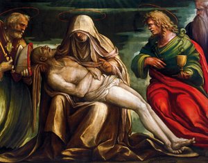 Pieta med St. Markus, Ambrosius, Johannes evangelisten, St. Antonius abbeden, av Amico Aspertini, ca. 1519, tempera på lerret
