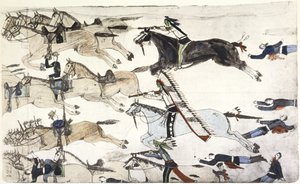 Slaget ved Little Bighorn 25.–26. juni 1876. Tilbakettrekning av amerikanske 7. kavaleribataljoner under major Marcus Reno. Maleri av Amos Bad Heart Buffalo (Sioux) ca. 1900