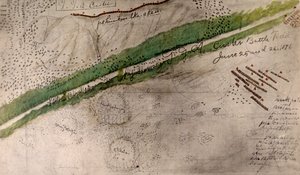 Topografisk kart over slagmarken til Little Big Horn (kull og blekk på papir)