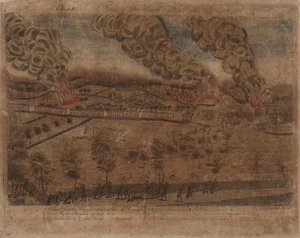 The Battles of Lexington and Concord: Plate I, The Battle of Lexington, 19. april 1775. Plate II, A View of the Town of Concord. Plate III: Forlovelsen ved South Bridge i Concord. Plate IV: En del av den sørlige delen av Lexington.