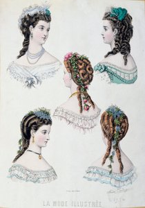 Fem frisyrer av kvinner Plate hentet fra "La mode illustree"" av Anais Coutwelve