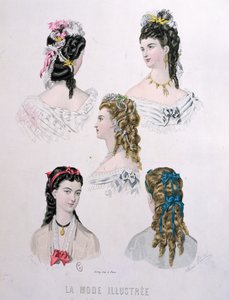 Frisyrer med bånd, illustrasjon fra 'La Mode Illustree', 1872 (fargegravering)