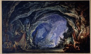 Forberedende dekor for balletten Le Corsaire av Adolphe Adam (1803-1856) (Scenedesign for Ballet Corsair av A.Adam). Grotten til korsarene, tilgjengelig sjøveien, hvor de samler tyvegodset og premier av alle slag (klær, servise, våpen). Åh av Anatoli Fedorovich Geltser