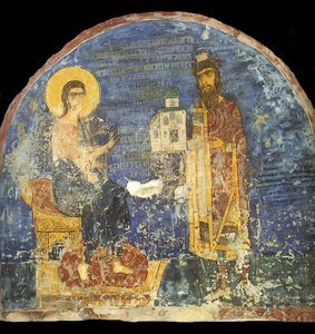 Storprins Yaroslav II Vsevolodovich med modell av Nereditsa-kirken før Kristus, 1100-tallet