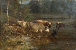 Melkepike og kyr ved vannposten (maleri)