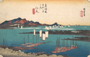 Fjern utsikt over Miho Beach fra Ejiri, ca. 1834., ca. 1834. av Ando Hiroshige