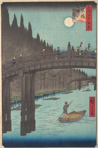 Fullmåne over kanalen, med bro og enorme stabler av bambus langs bredden, ca. 1857., ca. 1857. av Ando Hiroshige