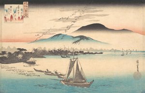 Gjess som flyr ned til Katada. av Ando Hiroshige