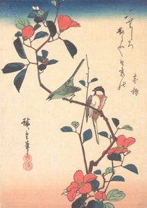 Japansk hvitøye og meise på en kameliagren, ca. 1840., ca. 1840. av Ando Hiroshige