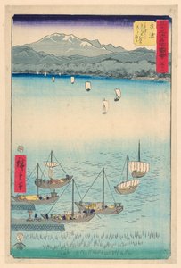 Kusatsu: Fra Kusatsu til Yabase, en bue og buestreng (Kusatsu, Kusatsu kara Yabase michi no yumi til tsuru) fra serien 53 Stations of Tokaido av Ando Hiroshige