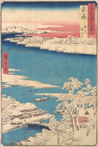 Morgen etter et snøfall, Sumida-elven, Musashi-provinsen, fra serien Views o..., ca. 1853. av Ando Hiroshige