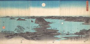 Panorama over de åtte utsiktene over Kanasawa under en fullmåne, 1857., 1857. av Ando Hiroshige