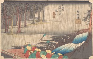 Vårregn ved Tsuchiyama 50. stasjon i Tokaido, 1800-tallet. av Ando Hiroshige