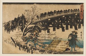 Treblokktrykk - To menn i en båt under en bro, 1797-1858 av Ando Hiroshige
