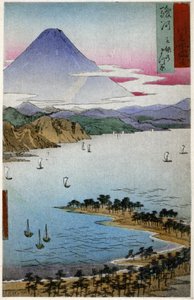 Geografi. Japan. Fuji fjellet. Tresnitt av Hiroshige i: Fifty Three Stations of the Tokaido (1833-1834). Postkort, Japan, ca. 1900 (postkort)