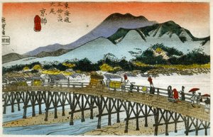 Geografi. Morgengløden på Nihonbashi (55. stasjon). Tresnitt av Hiroshige i: Fifty Three Stations of the Tokaido (1833-1834). Postkort, Japan, ca. 1900 (postkort)