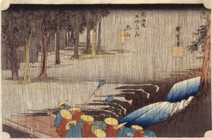 (Figurer på bro i regn) av Ando or Utagawa Hiroshige