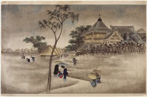 (Stor bygning med hytter under) (Samme som 17.218) av Ando or Utagawa Hiroshige