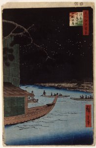 Asakusa River: "Outcome (Shubi) Pine" og "Stables Embarkment" (farget treblokktrykk) av Ando or Utagawa Hiroshige