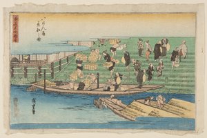 Båter som legger til kai ved Hachikenya (Hachikenya chakusen no zu) (farget treblokktrykk) av Ando or Utagawa Hiroshige