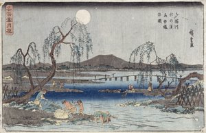 Catching Fish by Moonlight on the Tama River, fra serien 'Snow, Moon and Flowers' ('Settsu Gekka') (treblokktrykk) av Ando or Utagawa Hiroshige