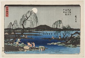 Å fange søtfisk i Tama-elven under høstmånen (Tamagawa aki no tsuki ayugari no zu) (treblokktrykk i farger) av Ando or Utagawa Hiroshige