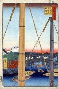 ""Hundre kjente utsikter over Edo""(dagens Tokyo): Inari-broen og Minato-tempelet i Teppozu. Utsikt over byen Tokyo i Japan med Fuji-fjellet i bakgrunnen. (Havnehelligdommen og Inari-broen ved Teppozu (Hundre kjente utsikter over Edo). Japan print av Ando or Utagawa Hiroshige