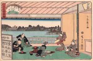 Drikkefest på en restaurant av Ando Hiroshige av Ando or Utagawa Hiroshige