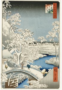 Drum Bridge og "Setting Sun" Hill, Meguro, fra serien "One Hundred Views of Famous Places in Edo", utgitt ca. 1858