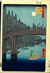 Japansk treblokktrykk: The Bamboo Wharf av Kyobashi Bridge (Tokyo, Japan). Serie hundre kjente visninger av Edo. (Bambuskaien ved Kyobashi-broen, hundre kjente utsikter over Edo). Verk av Utagawa Hiroshige (1797-1858), tresnitt (39x26 cm) av Ando or Utagawa Hiroshige