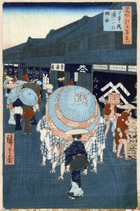 Japansk treblokktrykk: Utsikt over hovedgaten i Nihonbashidori (Tokyo, Japan). Serie hundre kjente visninger av Edo. (Utsikt over The First Street på Nihonbashidori. Ett hundre kjente utsikter over Edo). Verk av Utagawa Hiroshige (1797-1858), tresnitt av Ando or Utagawa Hiroshige