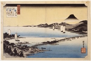 Evening Glow At Seta (farget treblokktrykk) av Ando or Utagawa Hiroshige