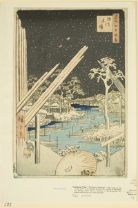 Fukagawa Lumberyards (Fukagawa Kiba) (farget treblokktrykk) av Ando or Utagawa Hiroshige