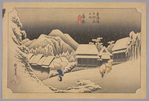 Kanbara: Night Snow (Kanbara, yoru no yuki) (farget treblokktrykk) av Ando or Utagawa Hiroshige