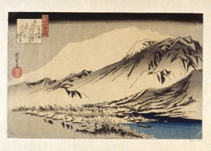 Dvelende snø på Hira-fjellet (farget treblokktrykk) av Ando or Utagawa Hiroshige