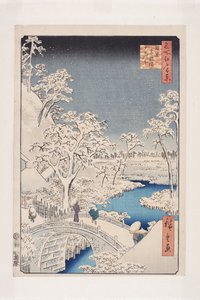 Meguro Drum Bridge og Sunset Hill (Meguro Taikobashi Y?hinooka) (treblokktrykk i farger) av Ando or Utagawa Hiroshige