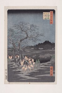 Nyttårsaften Foxfires at the Changing Tree, ?ji (?ji Sh?zoku enoki ?misoka no kitsunebi) (treblokktrykk i farger) av Ando or Utagawa Hiroshige