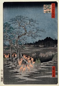 Nyttårsaften revefirer ved Nettle Tree, Oji, fra serien, "One Hundred Famous Views of Edo av Ando or Utagawa Hiroshige