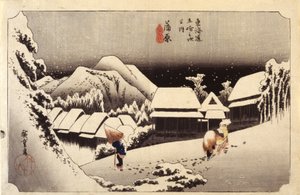 Nattsnø i Kanbara, #16 (fargetresnitt) av Ando or Utagawa Hiroshige