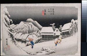 Night Snow, Kambara", fra serien "The Fifty-Three Stations of the Tokaido" av Ando or Utagawa Hiroshige