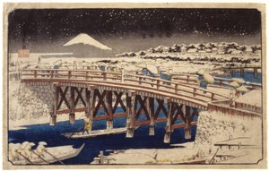 Nihonbashi In The Snow (farget treblokktrykk) av Ando or Utagawa Hiroshige