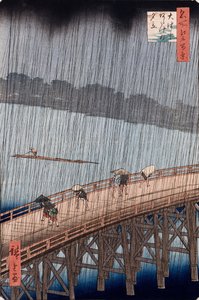 Ohashi, Sudden Shower at Atake, fra serien "One Hundred Views of Famous Places in Edo" av Ando or Utagawa Hiroshige